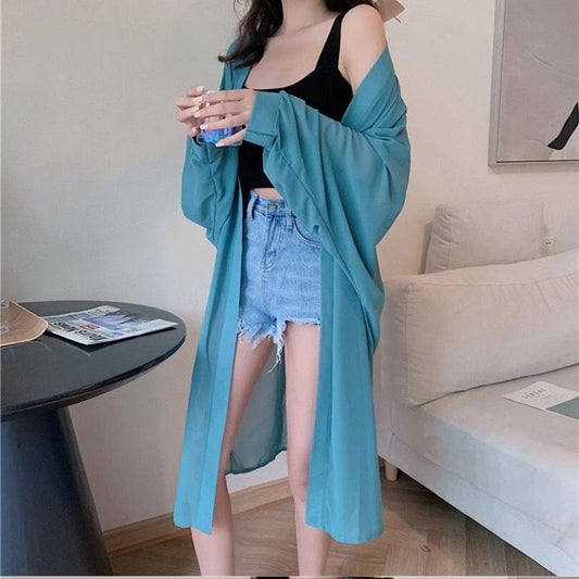 Batwing Sleeve Women's Sun Protection Clothing Sun-Dress Mid-length Plus Size Shawl Loose Outer Chiffon Cardigan Thin Coat Beach