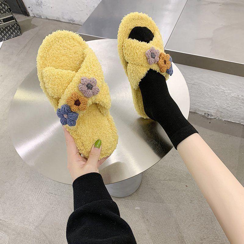 Cotton Slippers Female Cute Plush Slippers Wear Plush To Keep Warm At Home Winter Slippers Non-slip Breathable Cross Slippers
