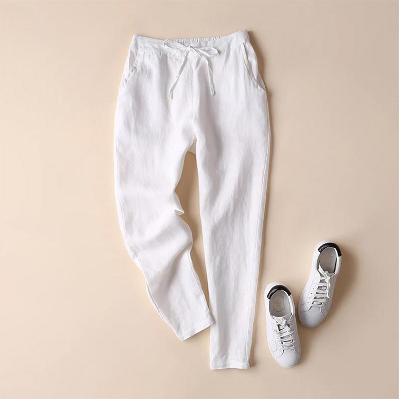 Women's Summer Linen Pants, Elastic Drawstring Waist, Korean Style Loose and Slim All-match Casual Women's Pants Ninth Pencil Pants