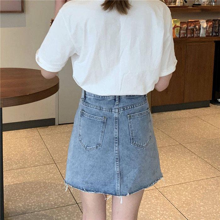 Pofulove Women Summer High Waist Irregular Denim Hip Skirt Student Anti-light Thin Mini A-line Skirt