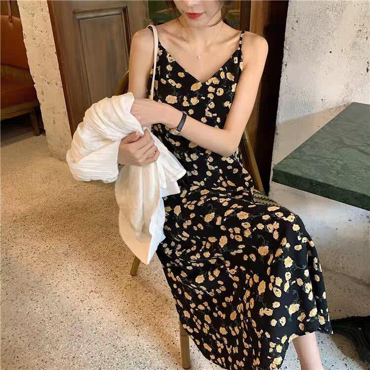 Female Summer Elegant Small Wrinkle Chrysanthemum Chiffon Long Slim V-neck Printing Suspender Floral Dress