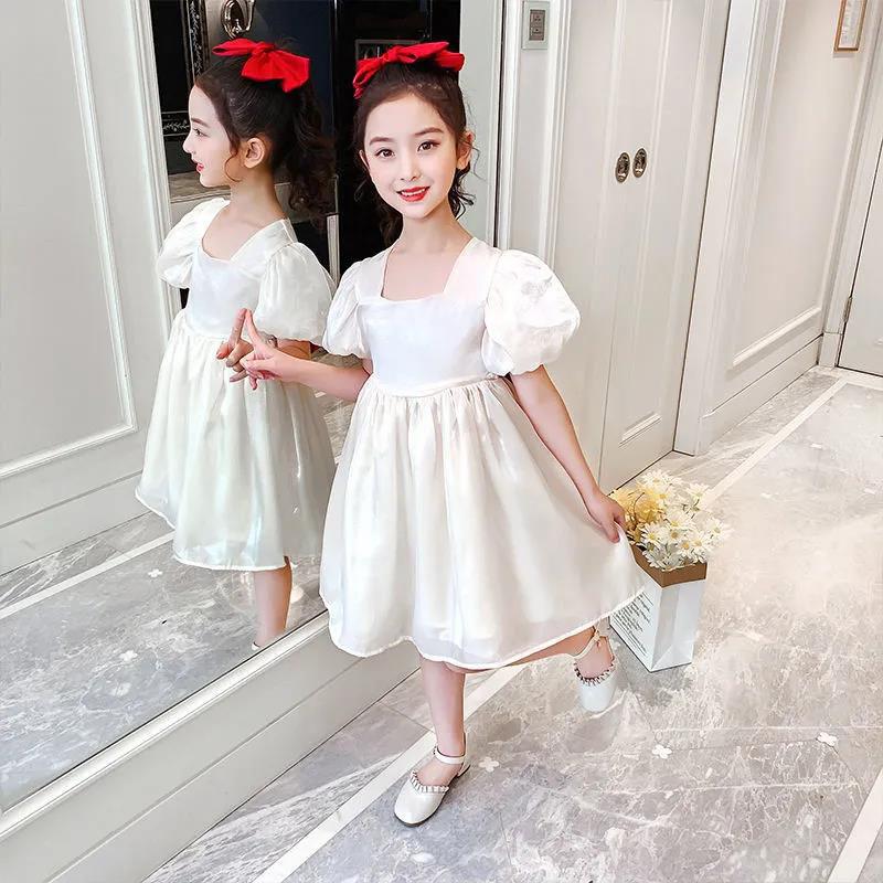 Girls Dress Summer Temperament Solid Color Retro Style Puff Sleeve Princess Dress 4-8 Years Old Girl Sweet Dress A-line Skirt