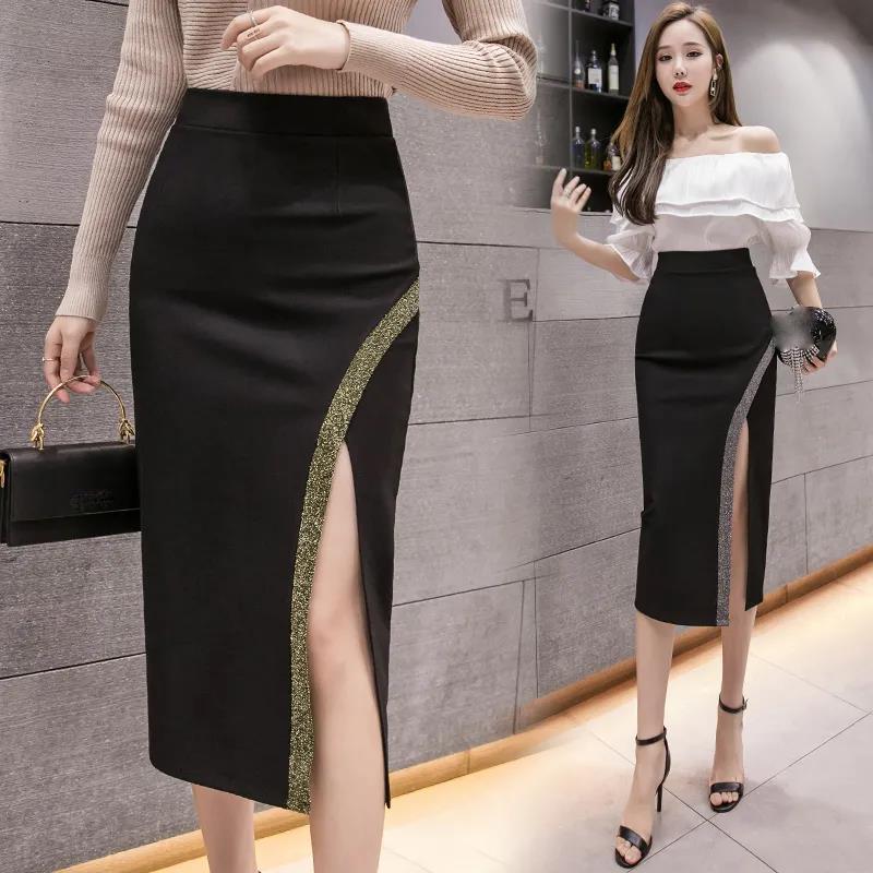 Half-length Skirt Female Summer Mid-length Bright Silk Stitching High Waist Bag Hip Skirt Black Professional Split One-step Skirt