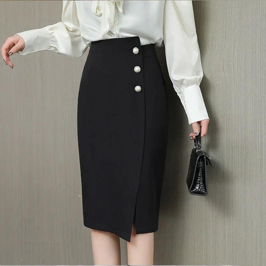 Irregular Chiffon Hip Skirt Beaded Button Women's Spring and Summer New High Waist Mid-length Skirt Split Black Professional Office Skirt