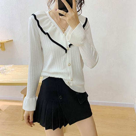 Autumn and Winter Simple V-neck Bottoming Shirt Color-blocking Ruffled Knitted Cardigan Sweet Girl Age Reduction Top
