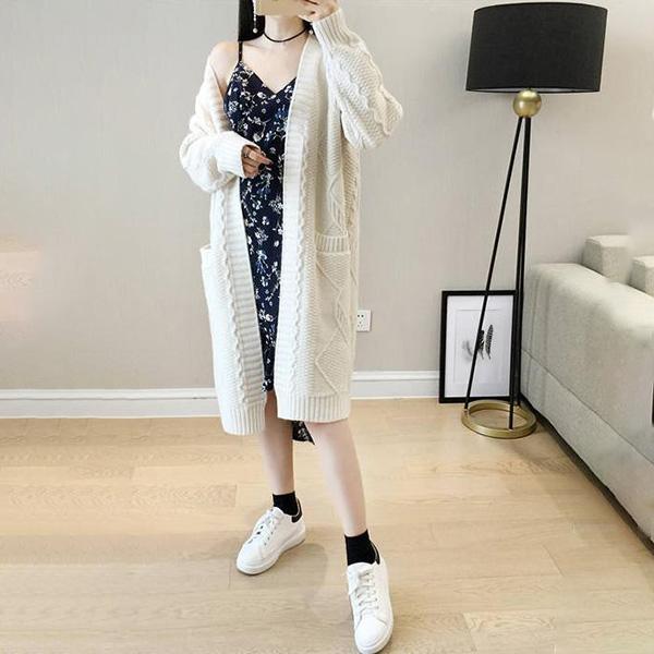 Autumn and Winter Casual Pocket Coat Mid-length Loose Long-sleeved Sweater Solid Color Twist V-neck Cardigan