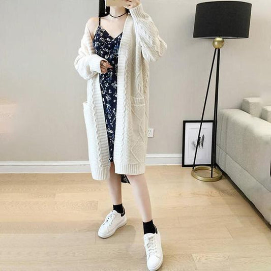 Autumn and Winter Casual Pocket Coat Mid-length Loose Long-sleeved Sweater Solid Color Twist V-neck Cardigan