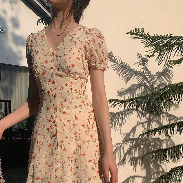 Chiffon Floral Short Sleeve Temperament V-neck Dress Medium Length Women's Summer French Retro Waist Slim Platycodon Skirt