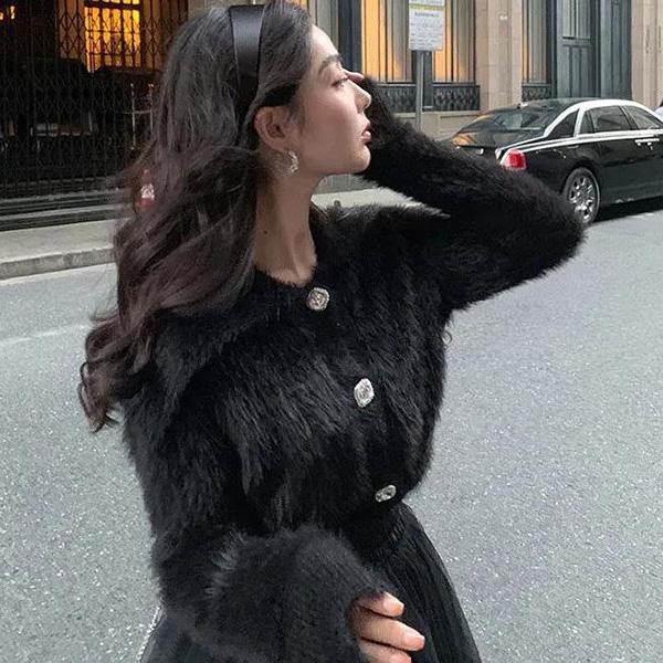 Mink Fleece Turn Down Collar Short Sweater Early Autumn Soft Waxy Diamond Button Knitted Cardigan Small Fragrance Jacket