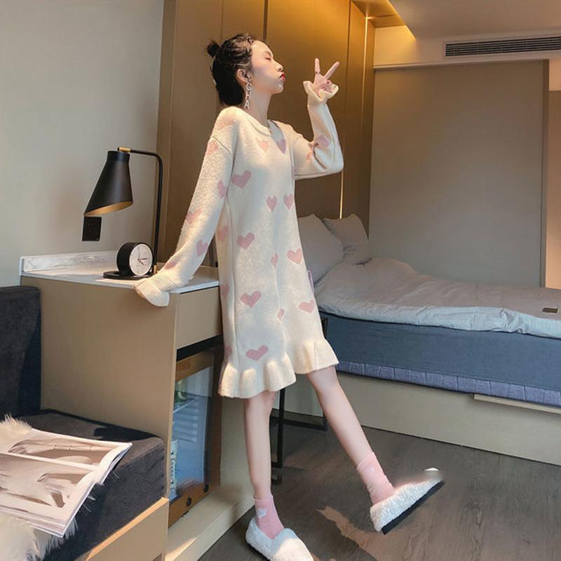 Autumn and Winter Loose Knit Dress Sweet Style Thick Mid-length Base Skirt Fashion Casual Women Sweater Dress