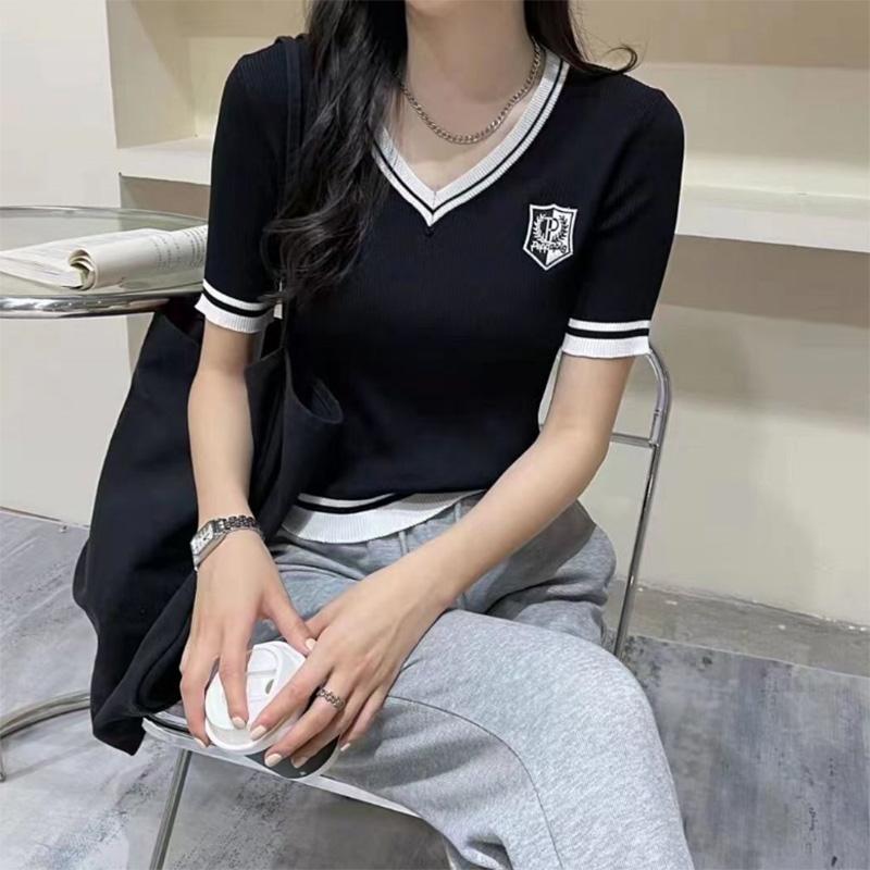 Short Ice Silk V-neck Summer Short-sleeved Knitted Sweater Women's T-shirt Small Thin Top Is Thin and Versatile