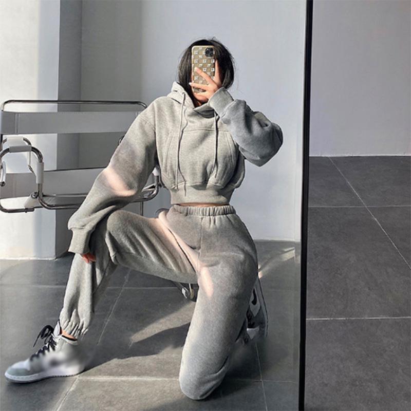 Street Hooded Short Pocket Fleece Sports Sweater High Waist Loose Leggings Sweater Suit Two-piece Women's
