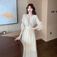 Female Large Size Elegant Holiday Dress Summer High Waist Slim Vintage Gentle Long Vacation Dress