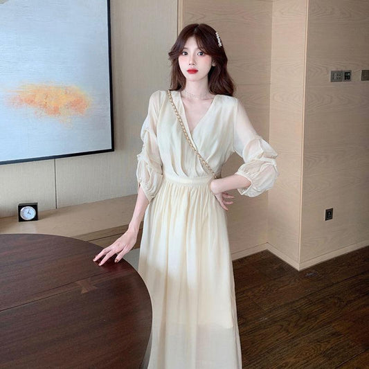 Female Large Size Elegant Holiday Dress Summer High Waist Slim Vintage Gentle Long Vacation Dress