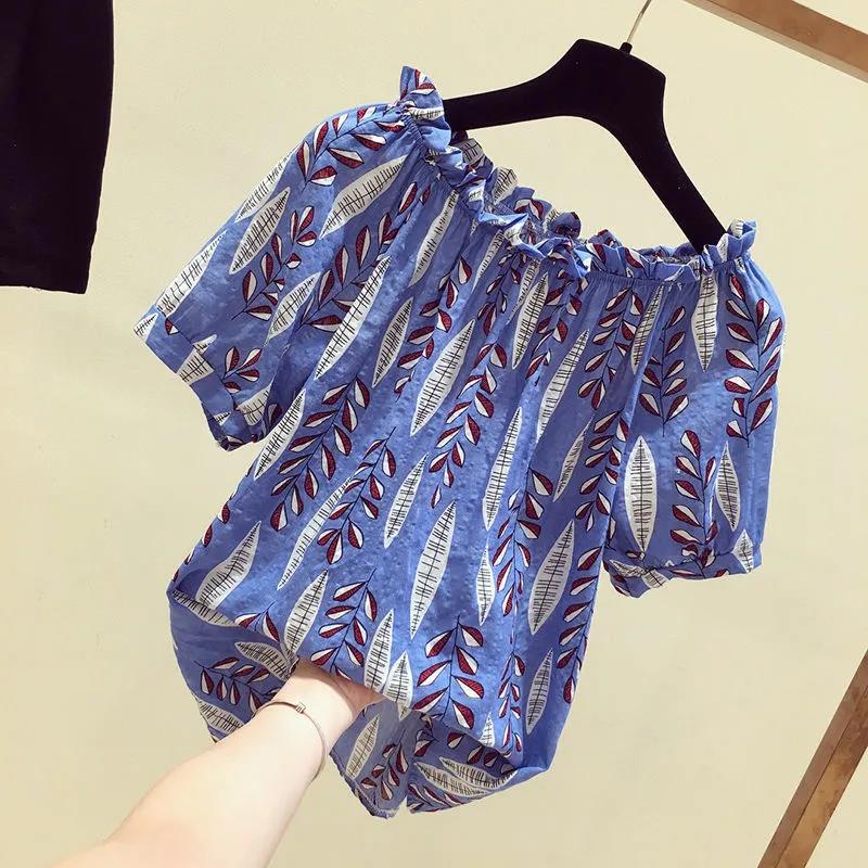 One-shoulder Top Women's Short-sleeved Loose-fitting Belly Slimming Women's Blouse Floral Chiffon Shirt Top Women's Off-shoulder Chiffon Shirt