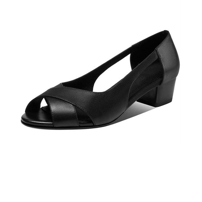 Soft Leather Sandals Women Fish Mouth Thick Heel Sandals Women's Fashion Hollow Roman Medium Heel Leather Shoes