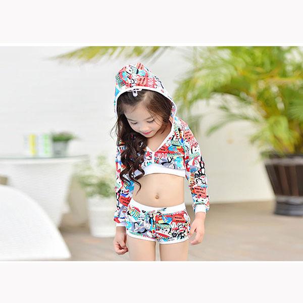 Children's Bikini Swimsuit Set Baby Girl Cartoon Print Separate Hooded Swimwear Long-sleeved Anti-UV Shorts Suspender Top Three-pieces Swimming Set