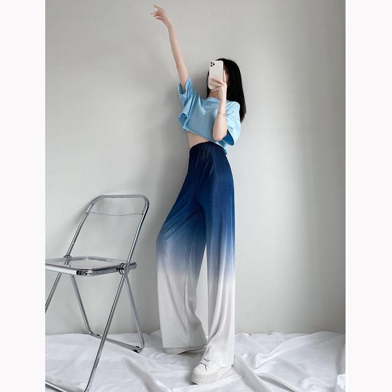 Gradient Color Ice Silk Wide-leg Pants Women's High-waisted Slim Drape Loose Straight Casual Pants Summer Printed Trousers