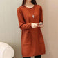 Women's Mid-length Knit Sweater  dress Winter Loose Round Neck Pullover Sweater Thick Knitwear Skirt with Pockets
