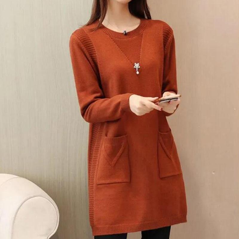 Women's Mid-length Knit Sweater  dress Winter Loose Round Neck Pullover Sweater Thick Knitwear Skirt with Pockets