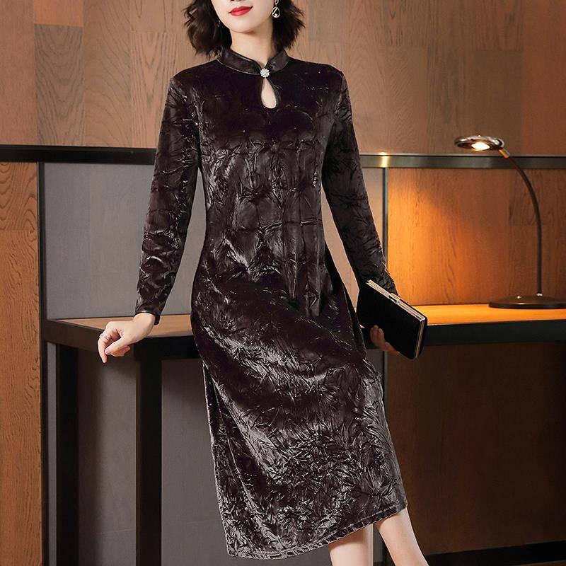 Gold Velvet Stand Collar Cheongsam Dress Retro Lady Lady Dress