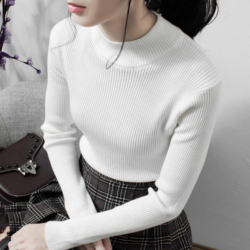 Pofulove Half Turtleneck Sweater Bottoming Shirt Female Long Sleeves Autumn Winter Tops Slim Tight