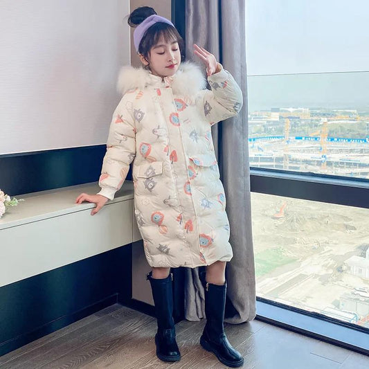 Girls' Winter Warm Cotton Coat Mid-length Thick Padded Jacket Little Girl Plus Velvet Windproof Down Jacket
