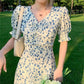 Women's Summer Long Dress V-neck Floral Puff Sleeve A-Line Dress