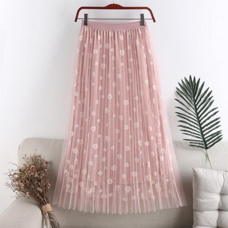 Summer Fashion Skirt Women's Small Fresh Chrysanthemum Print High Waist Slim A-line Fairy Midi Skirt