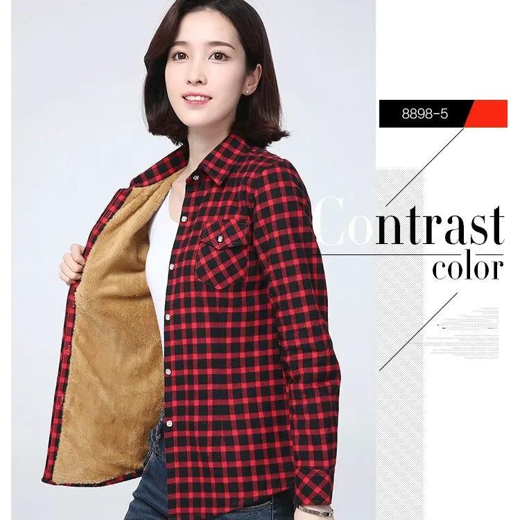 Winter Warm Women Velvet Thicker Jacket Plaid Shirt Style Coat Casual Outerwear