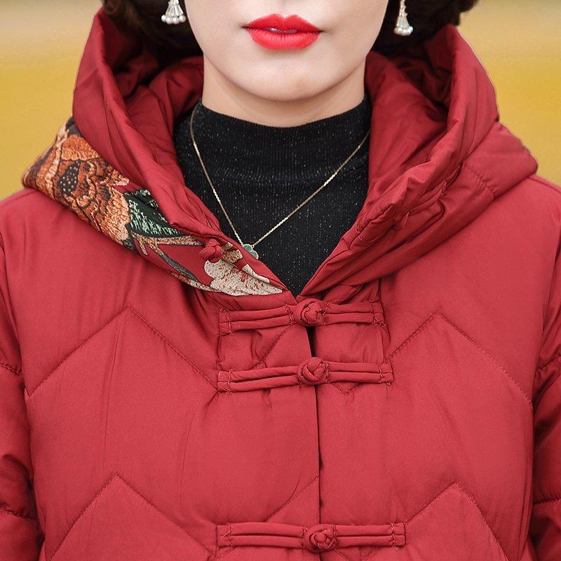 Chinese Style Women Flower Print Hooded Parka Long Coat Coat Jacket Down Padded Jackets Autumn and Winter Warm Thicken Loose Outwear