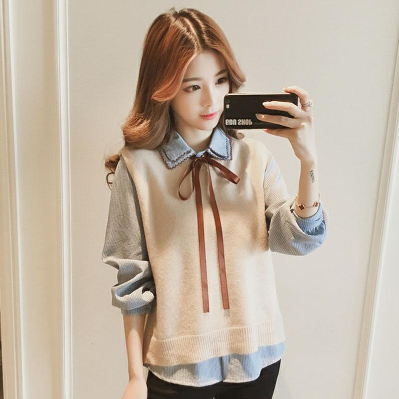 Spring and Autumn Striped Shirt Vest Two-piece Knitted Suit Vest Fashion Simple Female Sweater