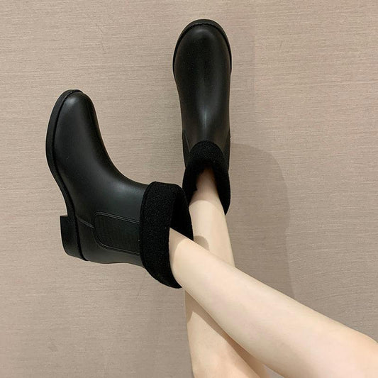 Rain Boots Women's Mid-tube Plus Velvet Non-slip Waterproof Shoes Short-tube Rain Boots Warm Rubber Shoes