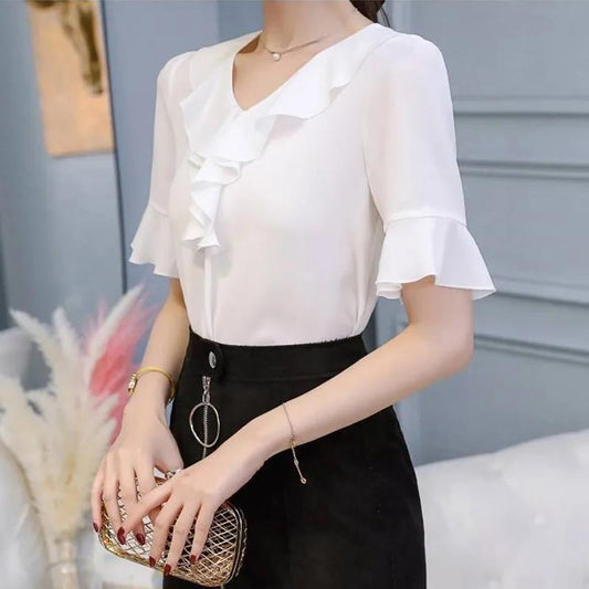 Chiffon Shirt Women's Short-sleeved V-neck Slim Slimming Casual Large Size Trumpet Sleeve Top Chiffon Temperament Shirt Easy To Wear Shirt