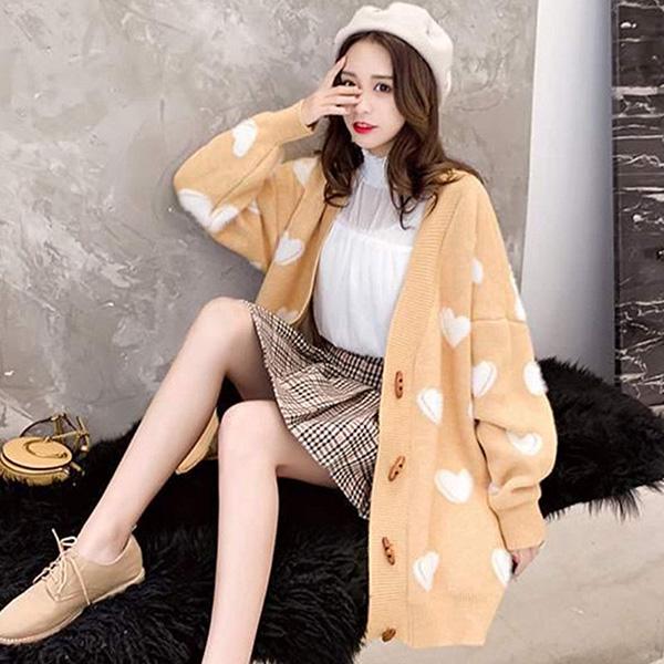 Autumn and Winter Loose Mid-length Cardigan Lazy Heart-shaped Sweater Student Casual Jacket