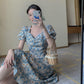 Large Size Female Daisy Oil Painting Floral Dress Puff Sleeves Waist Slimming Split Dress Mid-length Floral Dress French Retro Style