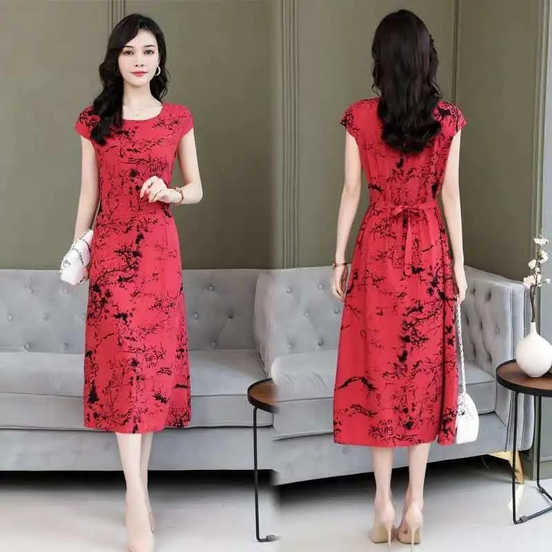 Women's Floral Round Neck Summer Short Sleeve Midi Dress  Large Loose Dress