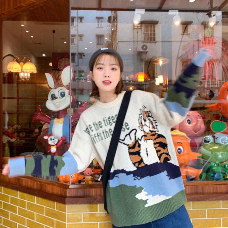 Autumn Winter  Women Fashion Sweater Casual Knitting Sweater Round Neck Pullovers Loose Casual Long Sleeve Sweater