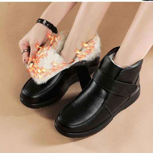 Cotton Shoes Women's Winter Short Boots Plus Velvet Padded Anti-skid Warm Old Beijing Snow Boots Leather Boots