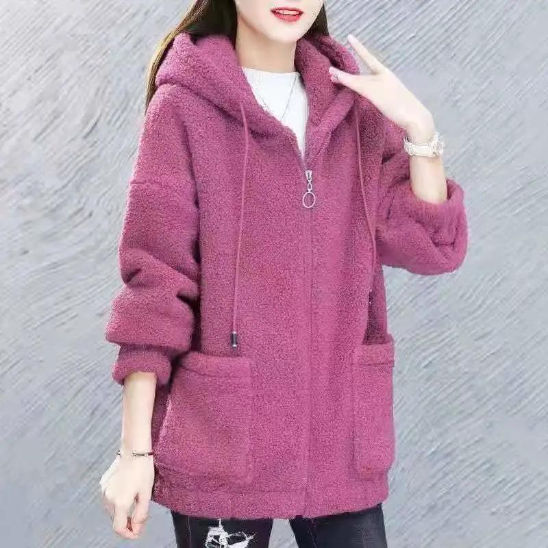 Lamb Velvet Sweatershirt Women's Autumn Winter Loose Cardigan Long-sleeved Hooded Thick Coat Solid Color Zipper Jacket Top