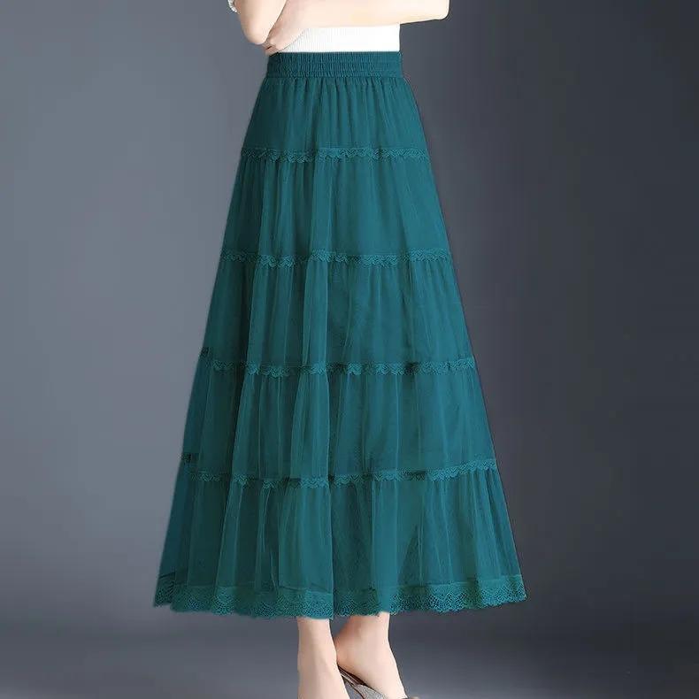 Three-layer Large Swing Mesh Skirt Women's Spring and Summer A-line Pleated Cake Skirt Lace Edge Drape Long Skirt Solid Color Gauze Skirt
