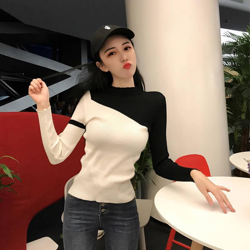 Color Matching Knitted Bottoming Shirt Slim Long-sleeved Sweater Women's Tight Tops