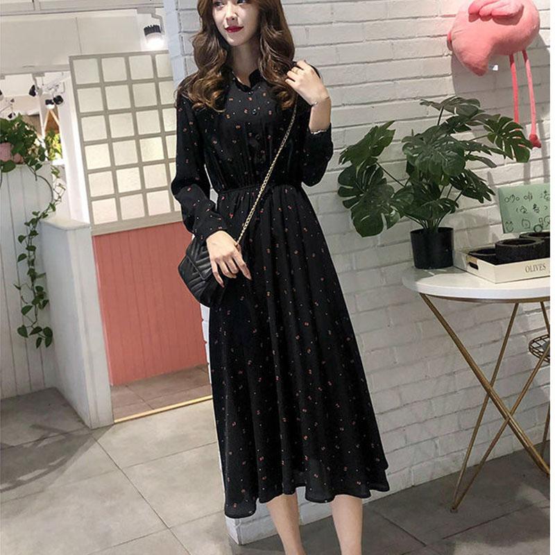 Women's Spring and Autumn Floral Dress Long Sleeve A-Line Stand Collar Mid-length Skirt Shirt Sleeve