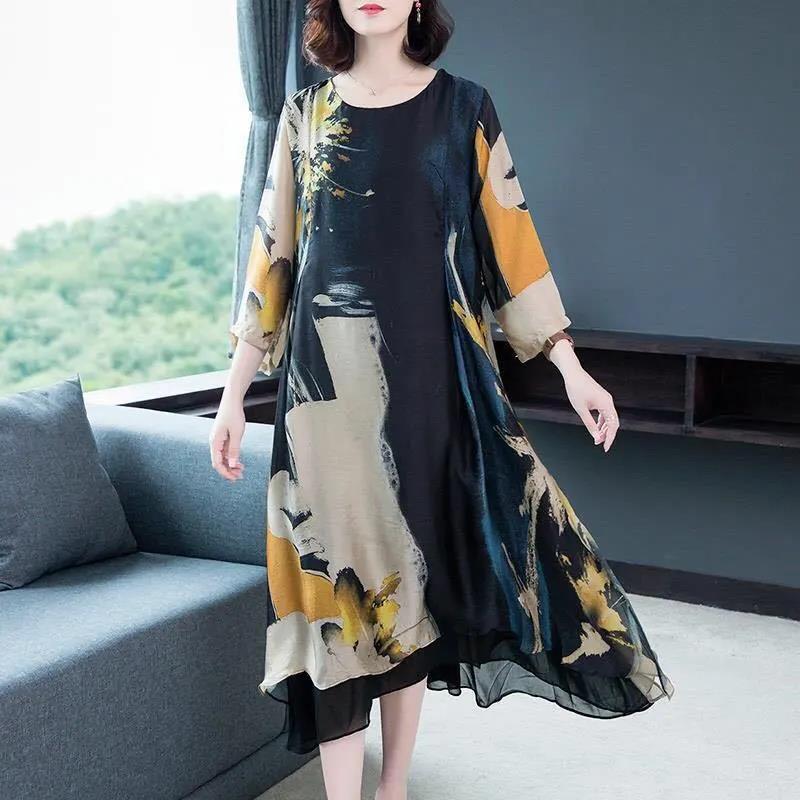 Summer Women's Dress Middle-aged Mother 3/4Sleeve Round Neck Printing Mid-length Daily Wear