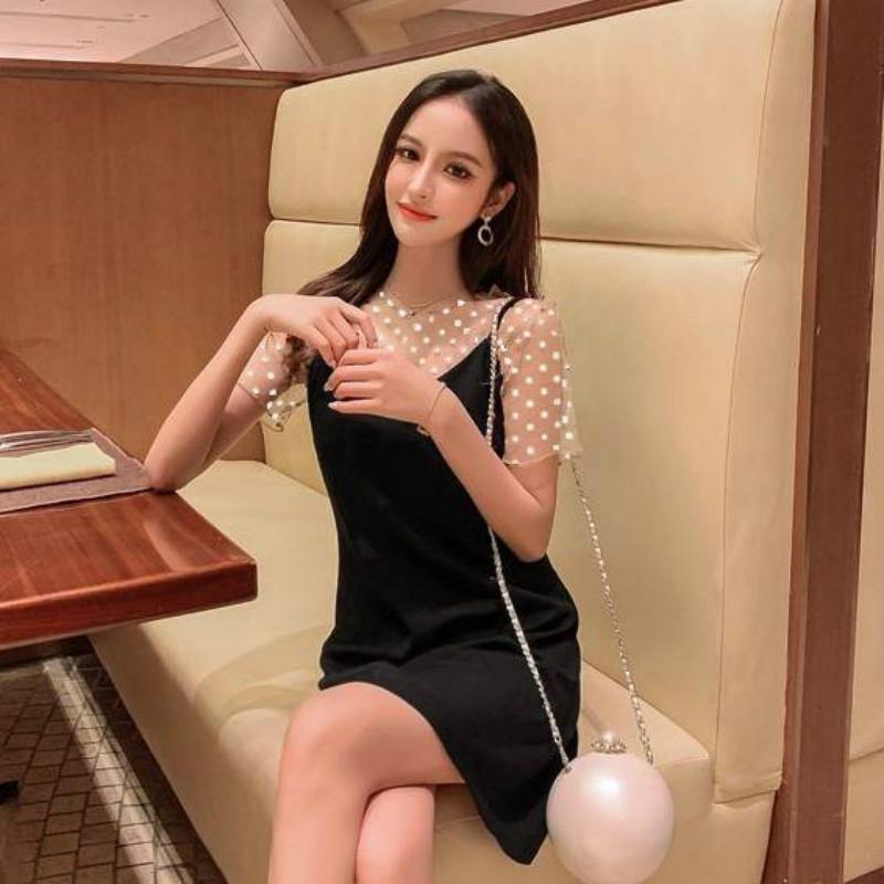Sexy Mini Dress Black Polka Dot Long Sleeve Transparent Mesh Slash Neck Bodycon 2020 Party Dress