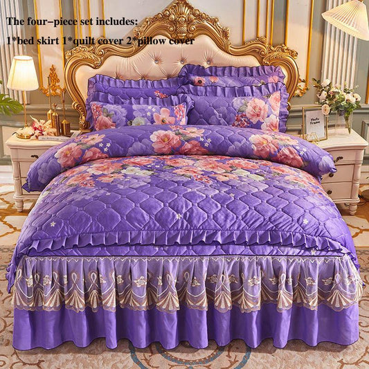 Crystal Velvet Bed Skirt Bed Sheet and Pillowcase Four-piece Thickening and Cotton Bedding Set Court Style