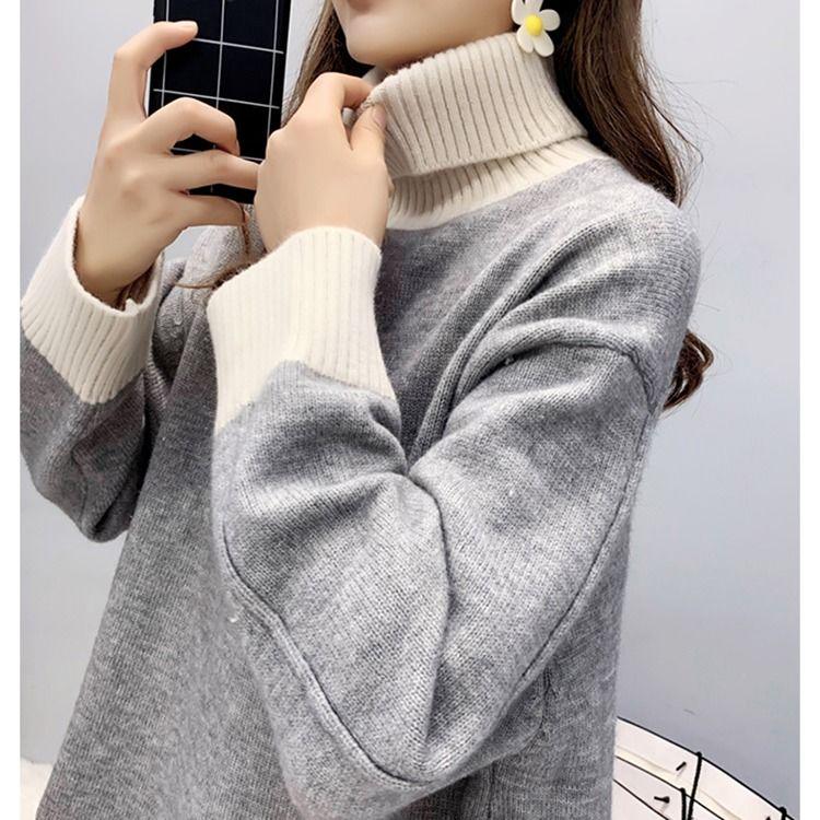Pofulove Turtleneck Women Pullover Winter Loose Thick Padded Short Bottoming Shirt Sweater Women