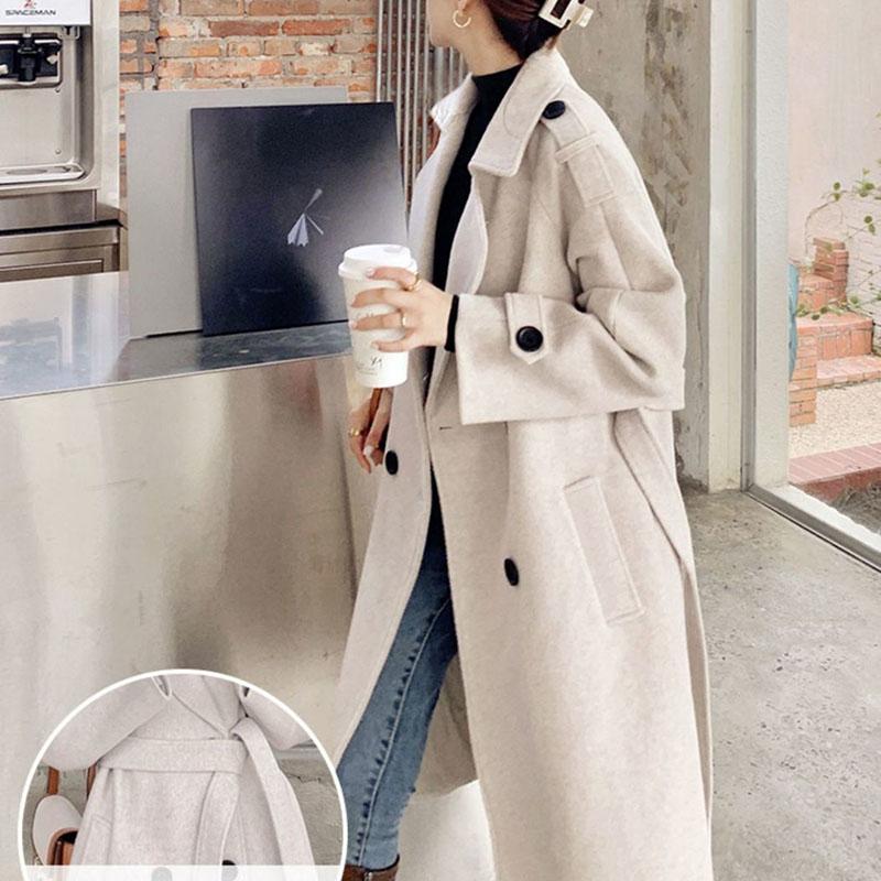 Fashion Women's Mid-length Woolen Coat Knee-length Waist Hepburn Style Thick Woolen Coat