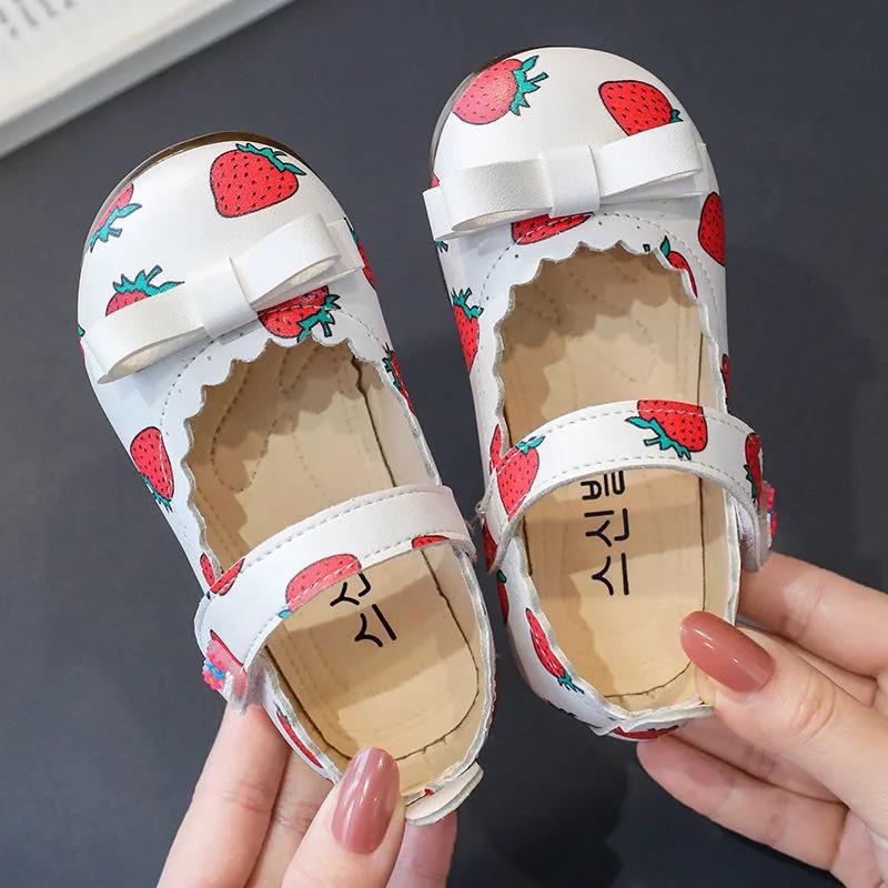 Girl's Soft Soled Bowknit Breathable Light Single Shoes Girls' Non Slip Solid Color Strawberry Printed Princess Shoes