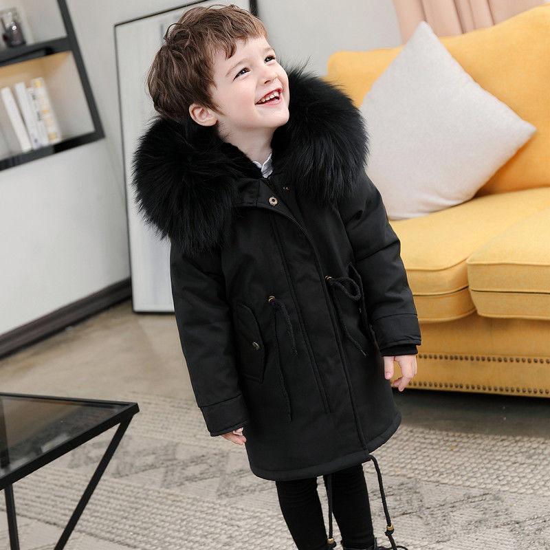 Kids Fur Parkas for Boys and Girls Winter Thick Warm Hooded Faux Fur Coat Unisex  Parka Jacket with Faux Fur Collar Outwear